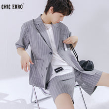 Load image into Gallery viewer, Sicilian men&#39;s vertical stripes casual suit suit men&#39;s summer thin handsome loose five-point shorts two-piece suit
