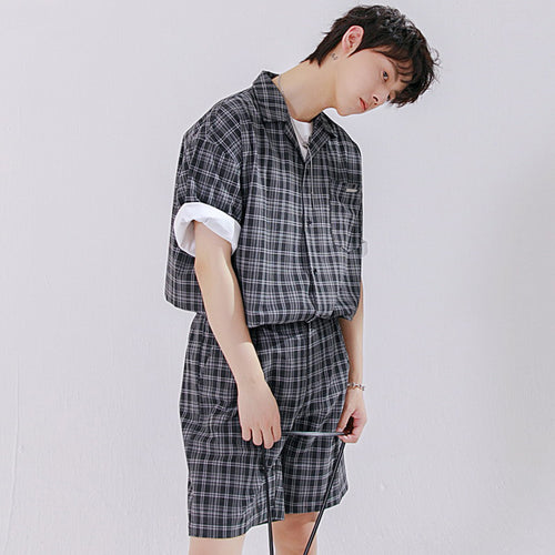 Sicilian men's 2021 new plaid shirt men's summer short-sleeved loose straight shorts casual men's suit