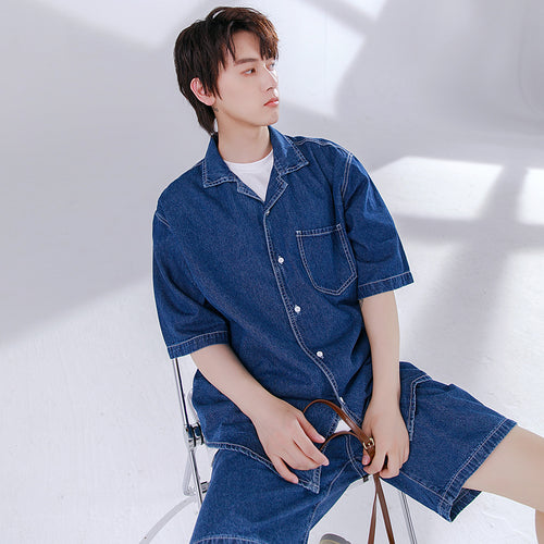 Sicilian men's loose denim shirt thin design niche shorts casual suit men's summer two-piece suit