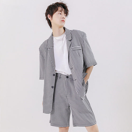 Sicilian men's handsome suit suit thin short-sleeved Korean handsome plaid casual suit shorts two-piece suit