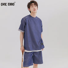 Load image into Gallery viewer, Sicilian men&#39;s casual suit men&#39;s summer embroidered open-stitch short-sleeved T-shirt men&#39;s straight five-point shorts two-piece suit
